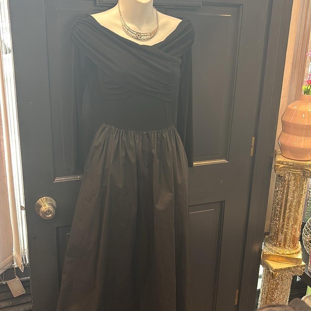 Black Long-Sleeve Draped Neck A-Line Dress - Picture 11 of 11